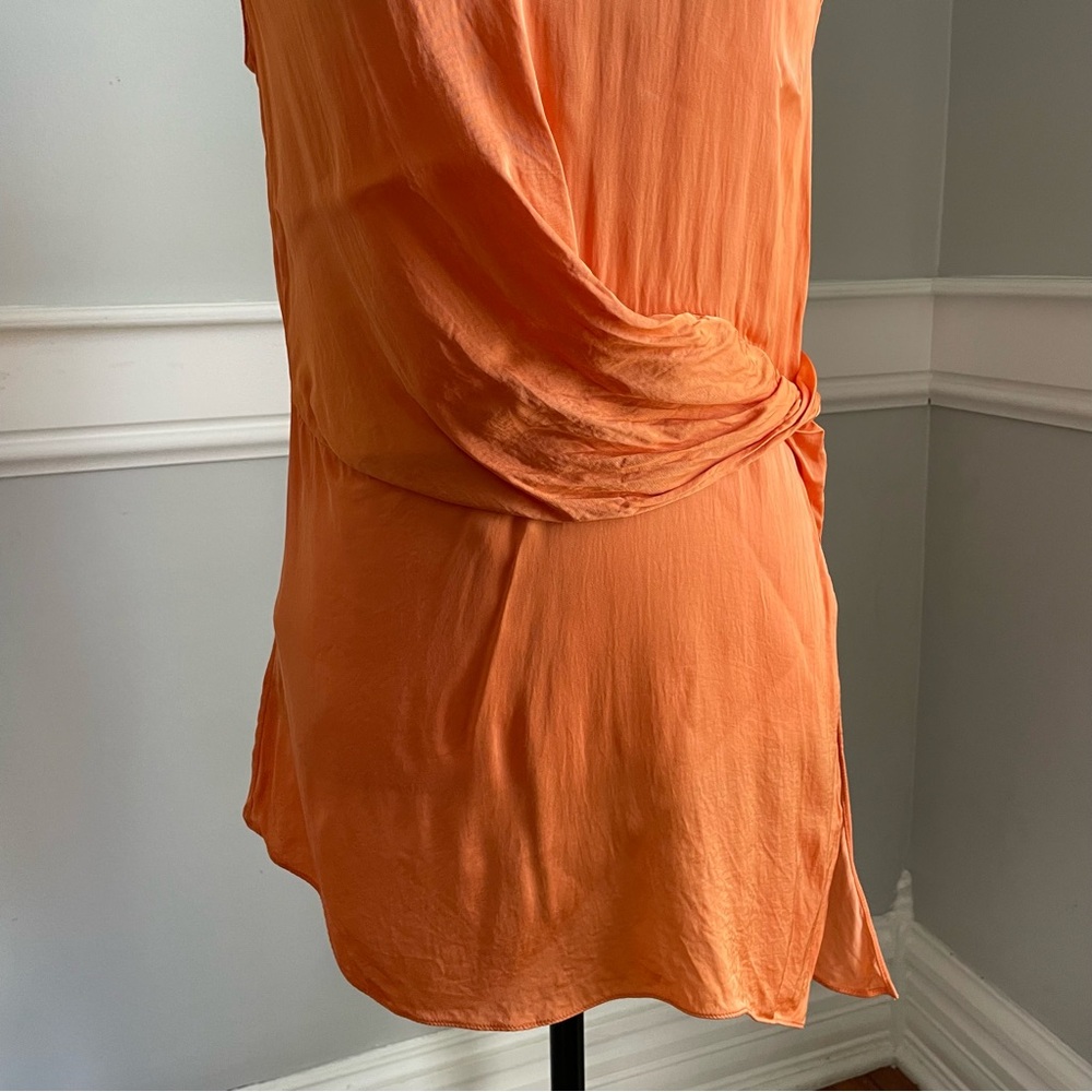 MNG Mango Vibrant Orange Asymmetrical Draped Satin Shirt Size M Split Side - Picture 4 of 13